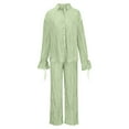 thumbnail image 5 of QUYUON Womens Two Piece Outfits Pleated Wide Leg Pants Sets 2 Piece Outfits Sets Long Sleeve Button-Down Blouse and Pants Set Casual Loose Fit Long Pants Trousers Lounge Sets with Pockets Mint Green L, 5 of 7