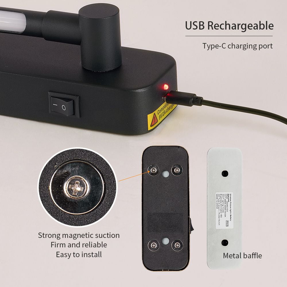 Rechargeable Wall Lights with Remote Control, LED Picture Lights for Bedroom, Wireless Magnetic Clip-On Art Light Fixtures, 3CCT-Dimmable in Black