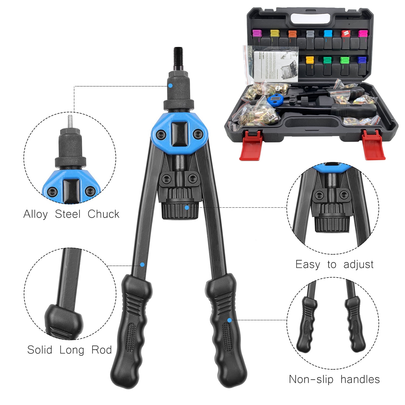 iMeshbean 13'' Rivet Gun Kit Rivnut Thread Setting Tool Nut Setter NutSert Metric 130PCS Hand Blind Riveter