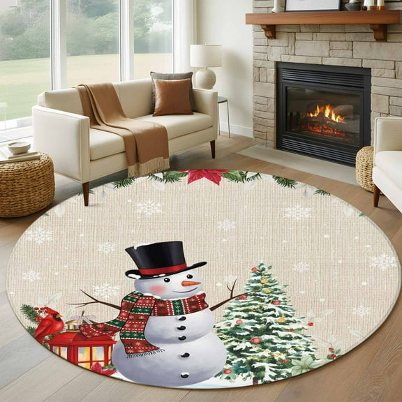 Beige Christmas Round Rug 5ft Washable Circle Kitchen Rugs Non Slip Snowman Xmas Tree Poinsettia Snowflake Large Area Rug Indoor Floor Carpet for Bedroom Living Room Home Office Dining Room Nursery