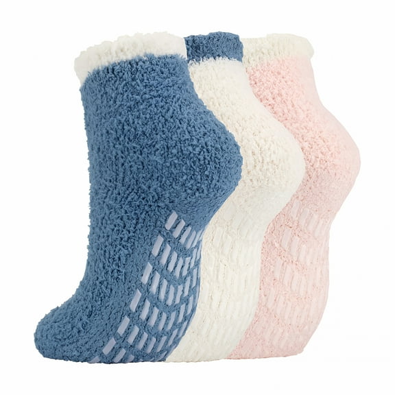 TELOLY Fuzzy Anti-Slip Socks for Women Girls Non Slip Slipper Socks with Grippers 3 Pairs Blue/Gray/White