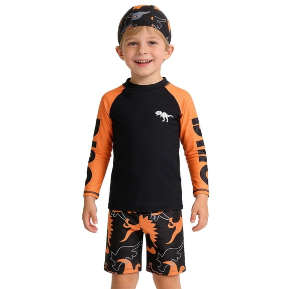 Shadoumai Boys Dinosaur Swimwear Long Sleeve Rash Guard Swim Shirt And Trunks UPF 50 Sun For Beach Pool