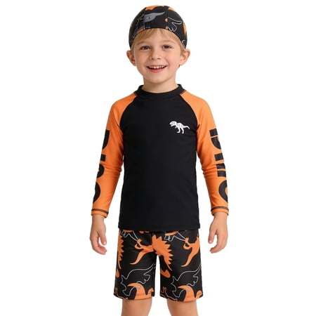Shadoumai Boys Dinosaur Swimwear Long Sleeve Rash Guard Swim Shirt And Trunks UPF 50 Sun For Beach Pool