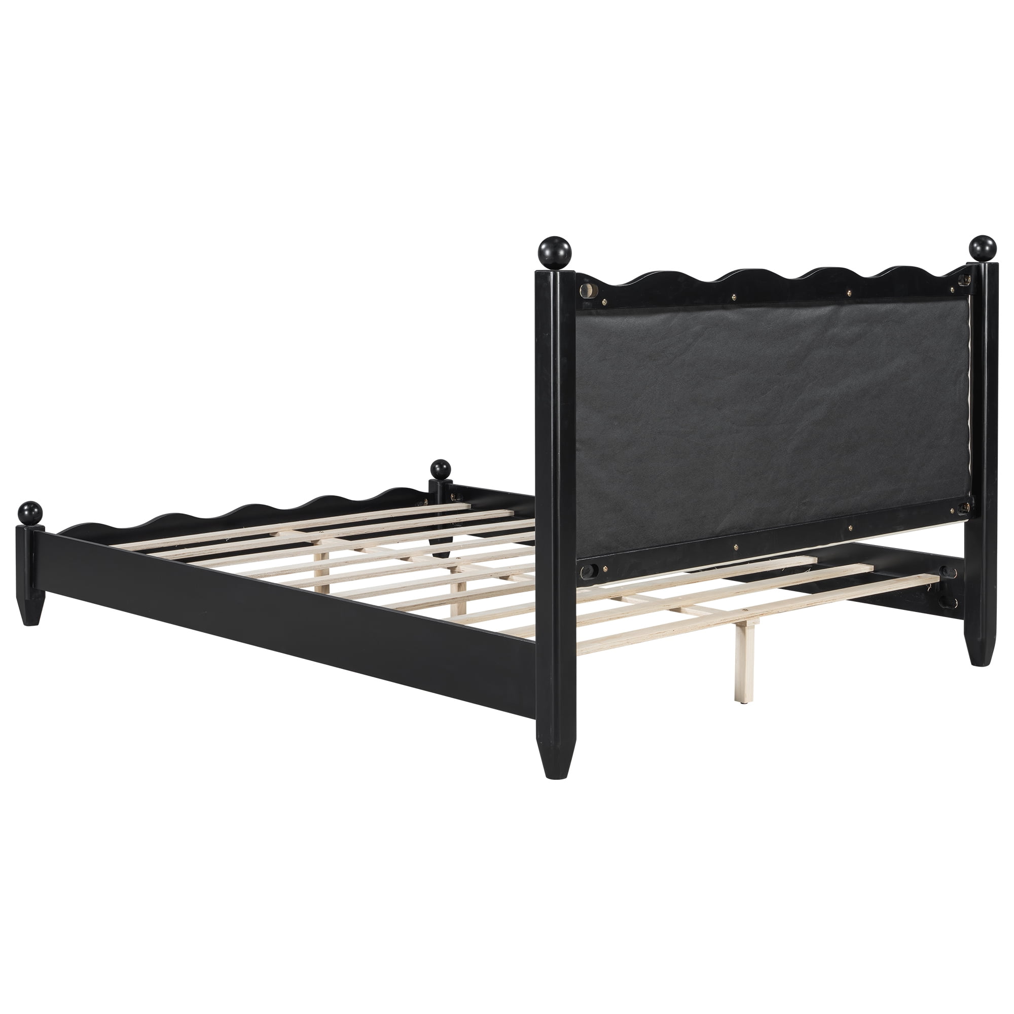 Euroco Wood Queen Size Wood Platform Bed with Upholstery Headboard, Black