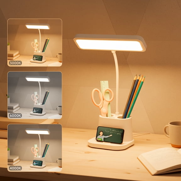 NOYAFA Desk Lamp with Wireless Charger, Gooseneck LED Reading Light for Home Office College, 3 Color Modes Dimmable Small Lamp with Pen Holder for Student Bedroom