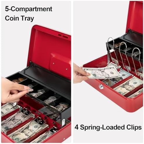 Cash Box with Money Tray and Lock -Red Cash Box with Key Lock Safe Money Box Large, Locking Cash Register Drawer Box for Money, 11.8'' x 9.5'' x 3.5'', SM-CB005RED