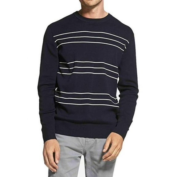 DKNY Men's Cotton Crew Neck Sweater ( Navy Blazer White Stripe - Medium) - NEW