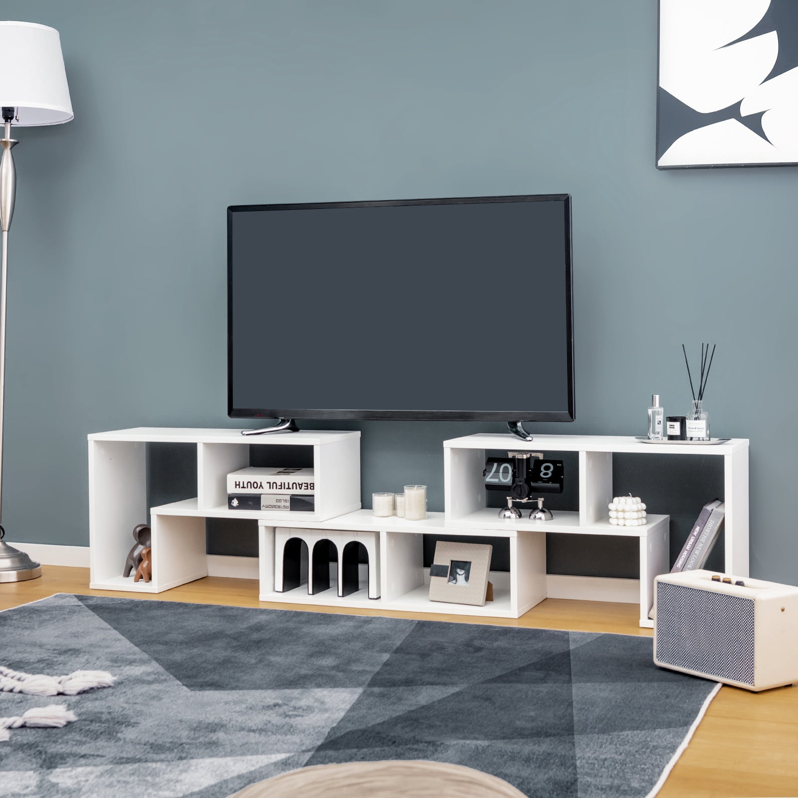 Costway 3 Pieces Adjustable TV Console Stand with 2 L-Shaped Shelve & Rectangular Shelf for TVs up to 65” Light White