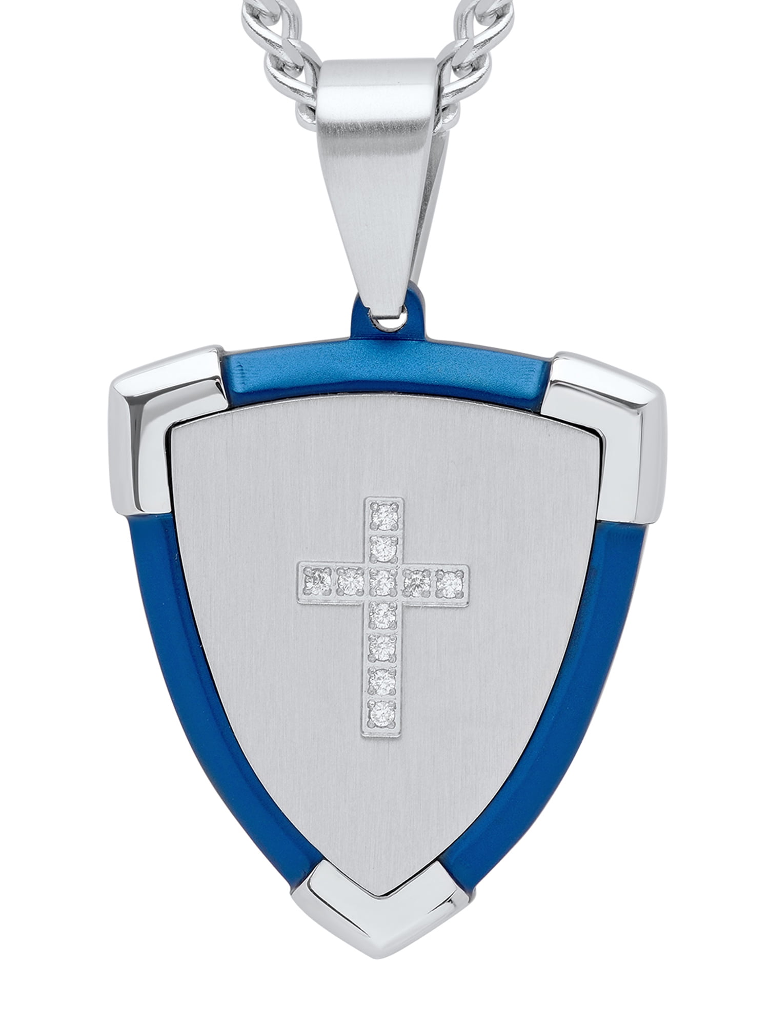 Brilliance Men's Stainless Steel Two-Tone Cubic Zirconia Guardian Cross Shield Pendant Necklace Chain - Each