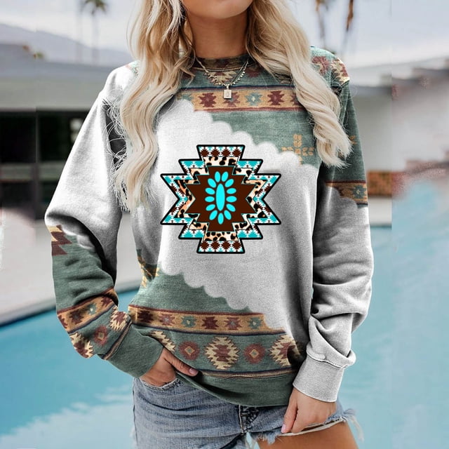 Nouveaux Hauts pour Femmes 2023 Grande Taille Mode Col Rond Manches Longues T-Shirt Automne Imprimé Blouse Ample Hauts Manches Longues pour Femmes
