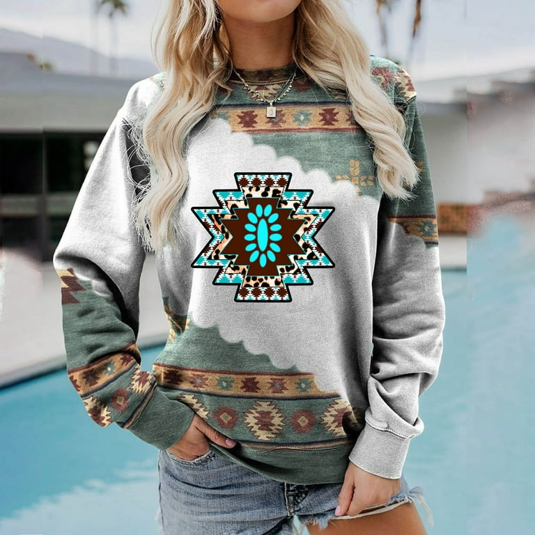 Womens Long Sleeve Tops Western Aztec Sweatshirt Crewneck Cowgirl Clothes  Casual Loose Fit Tops Fashion Lightweight Tops Womens Clothing Cheap