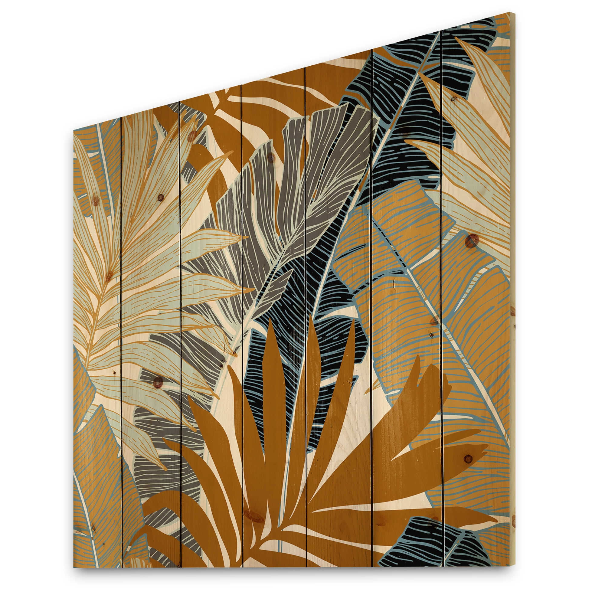 Designart 'Abstract Tropical Summer Banana Leaves and Palm Tree' Modern Print on Natural Pine Wood