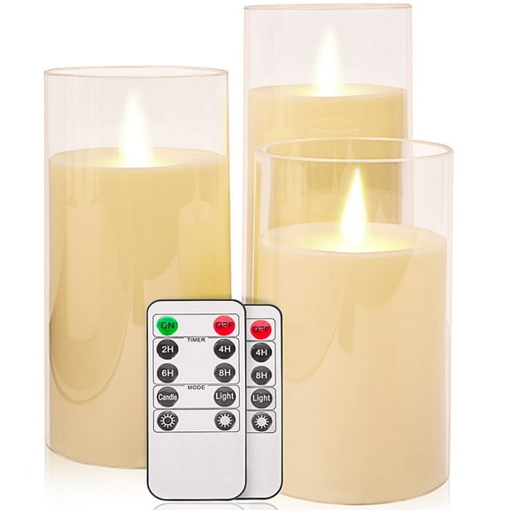 Ceestyle Flickering Flameless Candles, Battery Operated Acrylic LED Pillar Candles, Ivory White, Set of 3