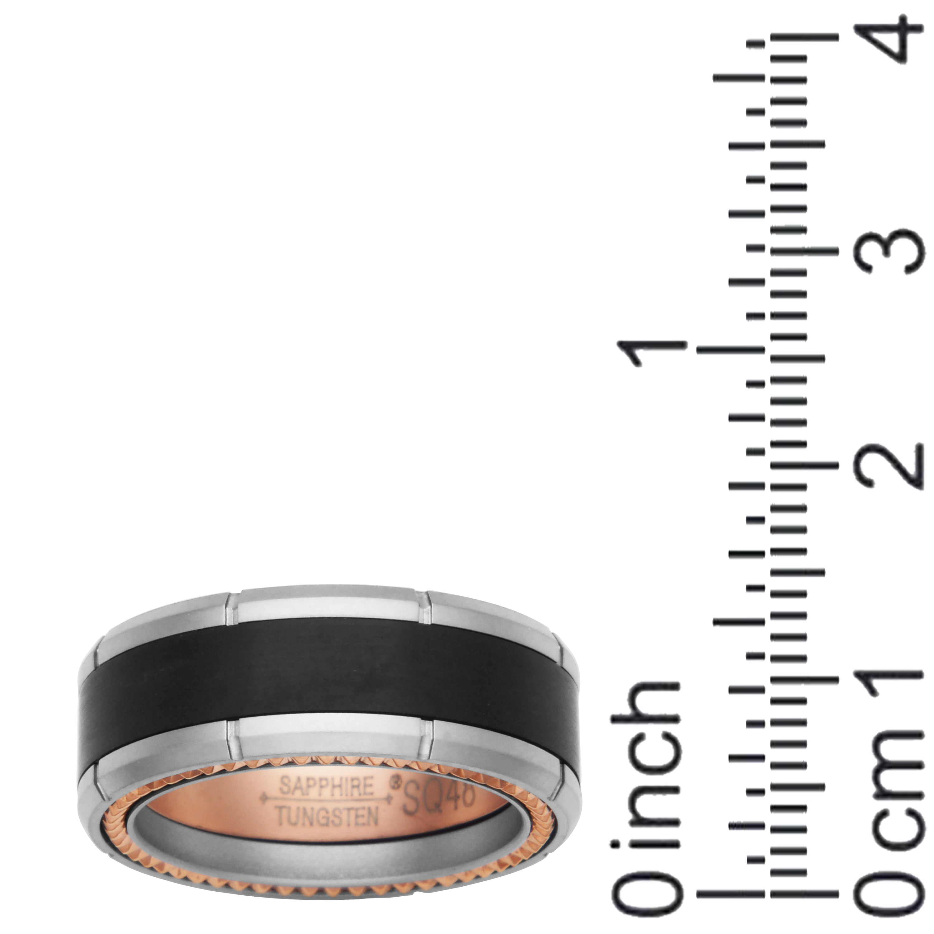 Men's Black and Sandblast Finish Sapphire Tungsten 8mm, IP Rose Gold and Steel Strips Interior and Edge Comfort Fit Wedding Band, Size 10.5