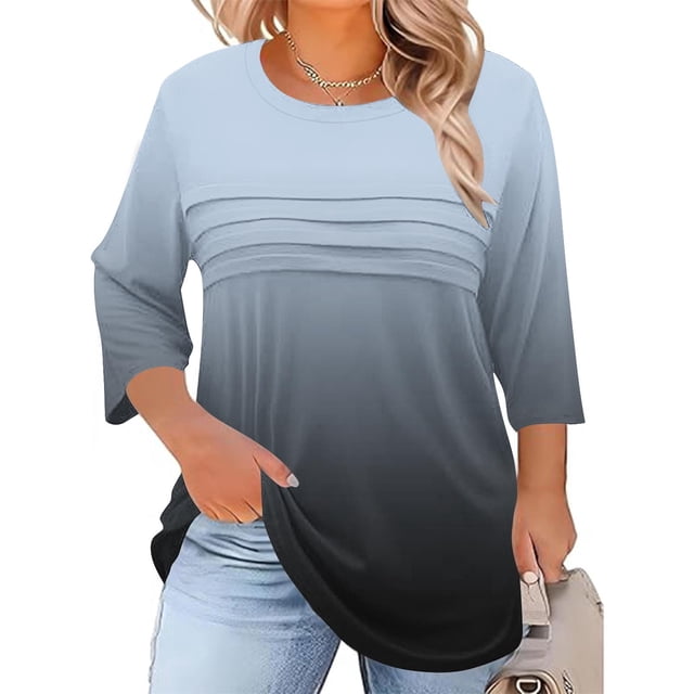 Neewe Womens Plus Size Tops 3/4 Sleeve Shirts Crewneck Pleated Blouses Dressy Casual Fashion Tunic Top (1X-5X)