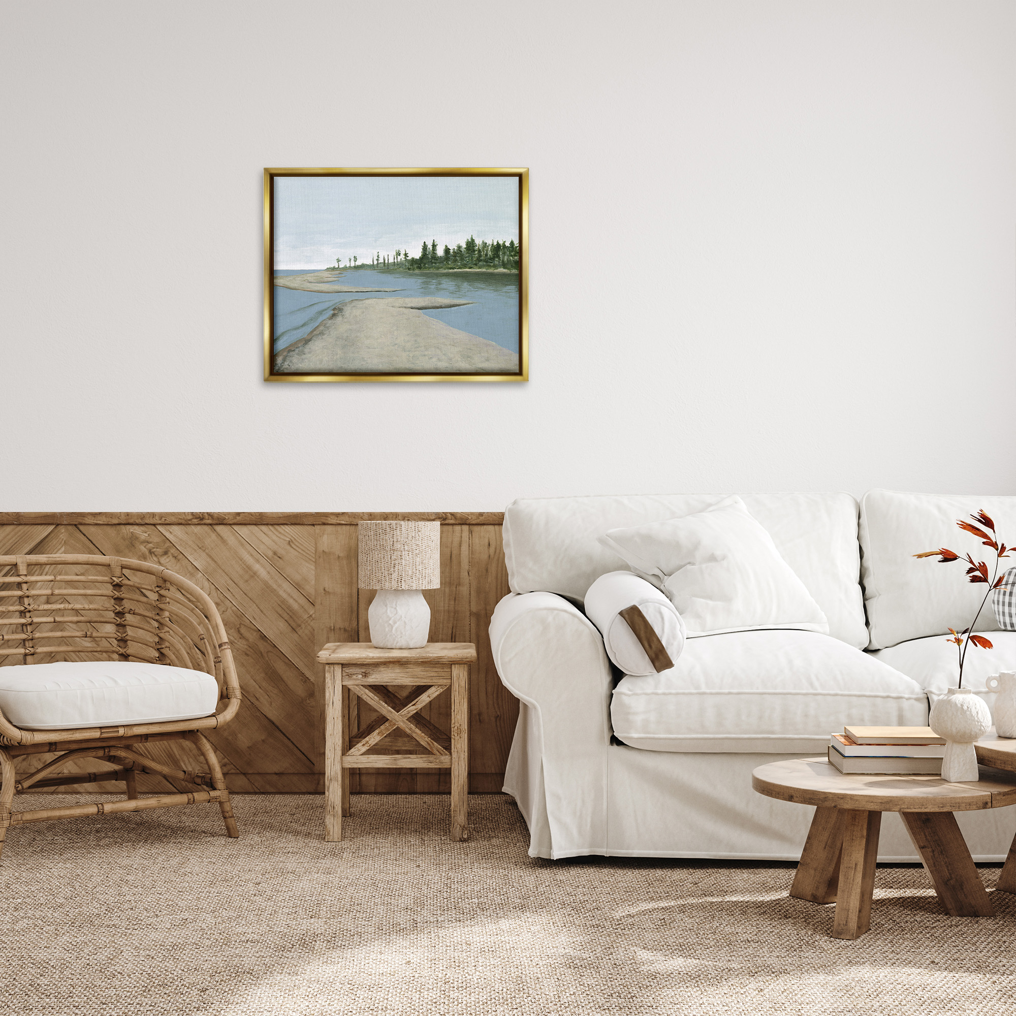 Stupell Industries Lake Waterfront Scenery Landscape Painting Gold Floater Framed Canvas Art Print Wall Art, 31 x 25