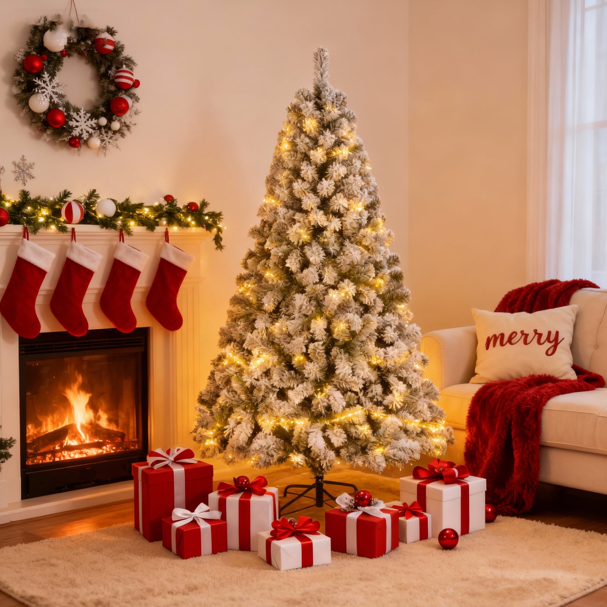 Furnibear 7.5ft Flocked Christmas Tree, 1405 Branch Tips Unlit Artificial Tree with Auto-Shaping