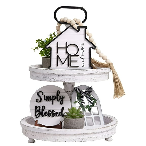 LAMIRO Farmhouse Tiered Tray Decor Home Wood Sign Rustic Home Sweet Home Simply Blessed This Is Us Wooden Beads Tiered Tray Decorations Set For Home Kitchen Table Shelf
