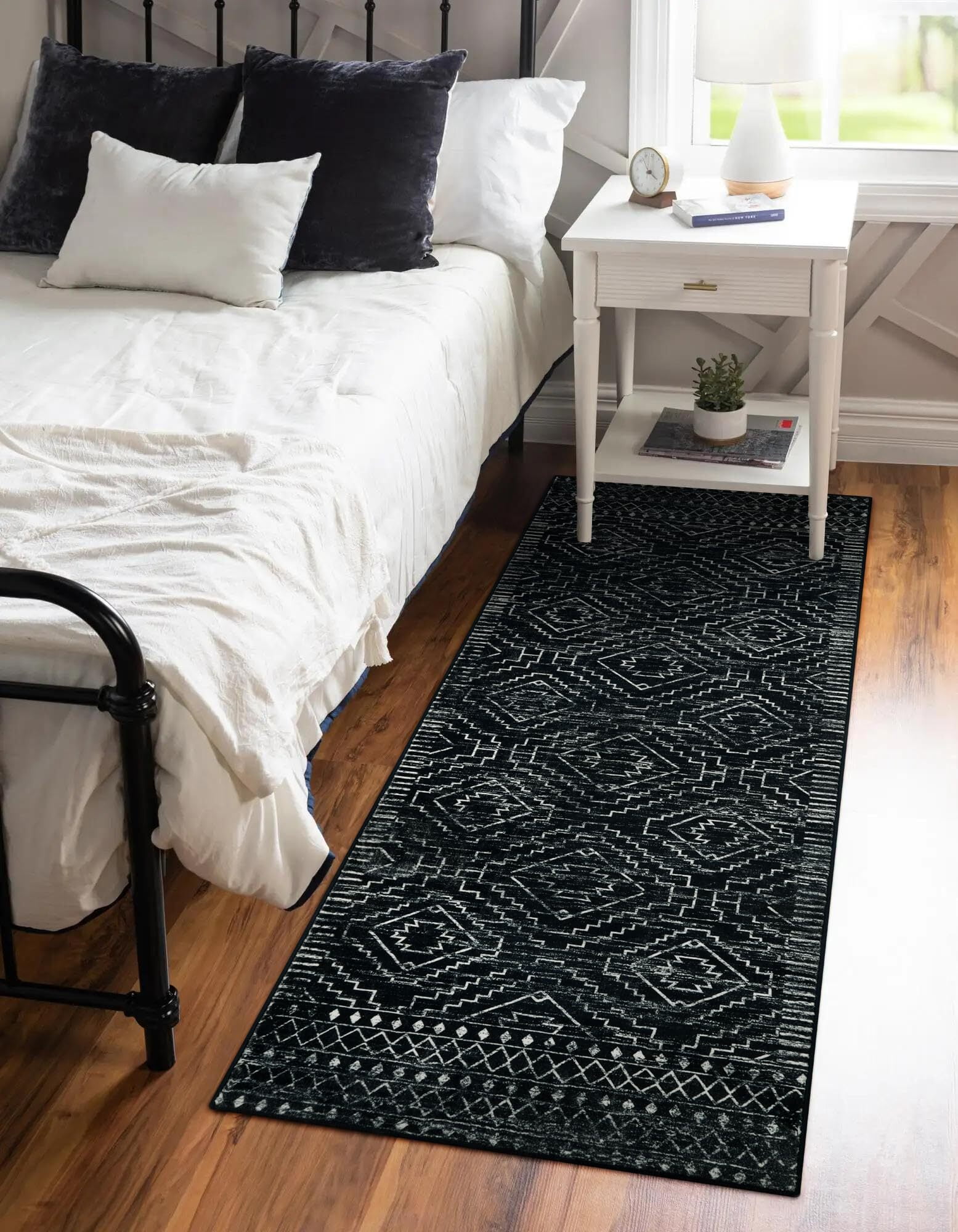 Lahome 2'x6' Moroccan Runner Rug, Washable Kitchen Bathroom Rug, Non-Slip Geometric Carpet for Hallway Laundry Entryway, Black Boho Soft Floor Mat with Rubber Backing