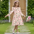thumbnail image 3 of FKELYI Girl Long Sleeve Dress Pink Floral Hummingbird Print Ruffle Sleeve Crew Neck Trim Dress for Birthday Party A Line Tiered Swing Pactchwork Dresses, 5-6 Y, 3 of 6