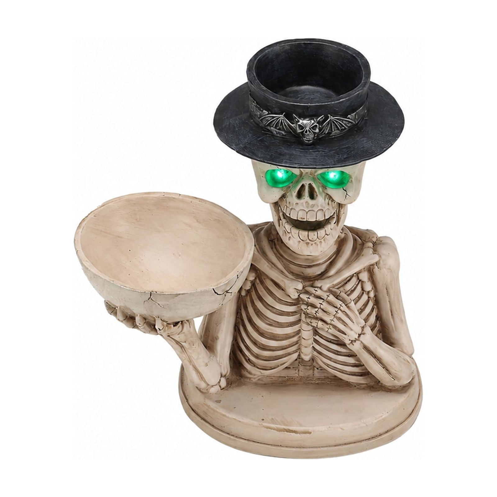 Skeleton Candle Holder with LED Glowing Green Eyes Top Hat Bat Design Resin Halloween Tabletop Decor