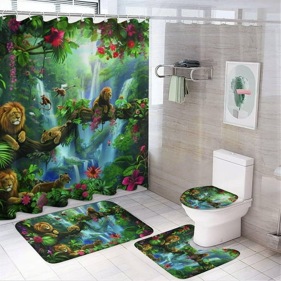 4Pcs Forest Animal Fantasy Shower Curtain Sets with Rugs, Toilet Lid Cover and Bath Mat, Tropical Palm Tree Leopard Lion Bathroom Shower Curtains Set with 12 Hooks