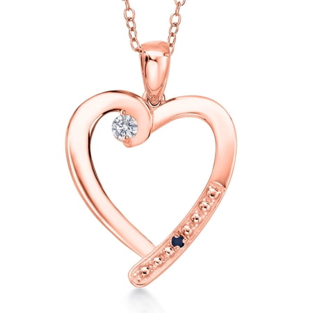 Gem Stone King 18K Rose Gold Plated Silver Lab Grown Diamond and Blue Sapphire Heart Pendant Necklace for Women | 0.18 Cttw | Gemstone April Birthstone | Round 3.5MM | With 18 inch Chain