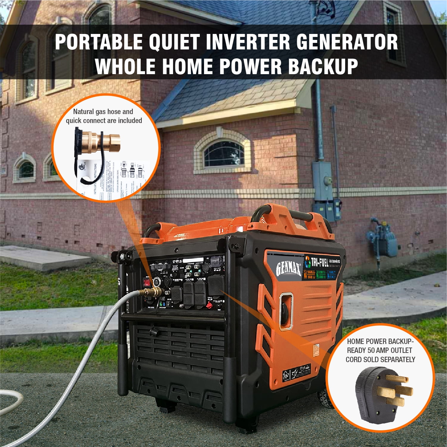 GENMAX GM10500iETC Tri Fuel Inverter Generator,10500-Watt 458cc Tri Fuel Gas oline Propane Natural Gas Portable 50A Generator with Remote Start,Ideal for Home backup power.EPA &CARB Compliant