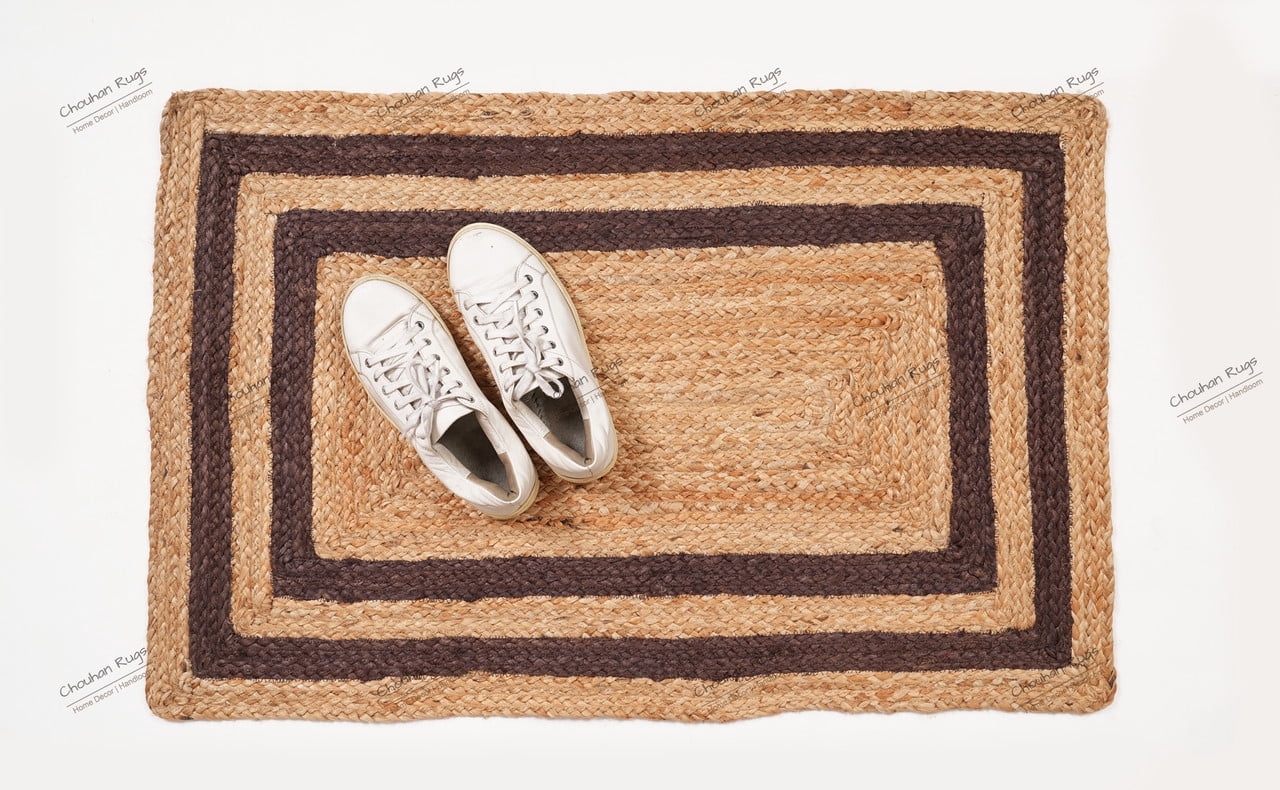 Rectangle Rug Natural Jute Rug Hand Braided Beige and Brown Color Stripes Line Area Rug