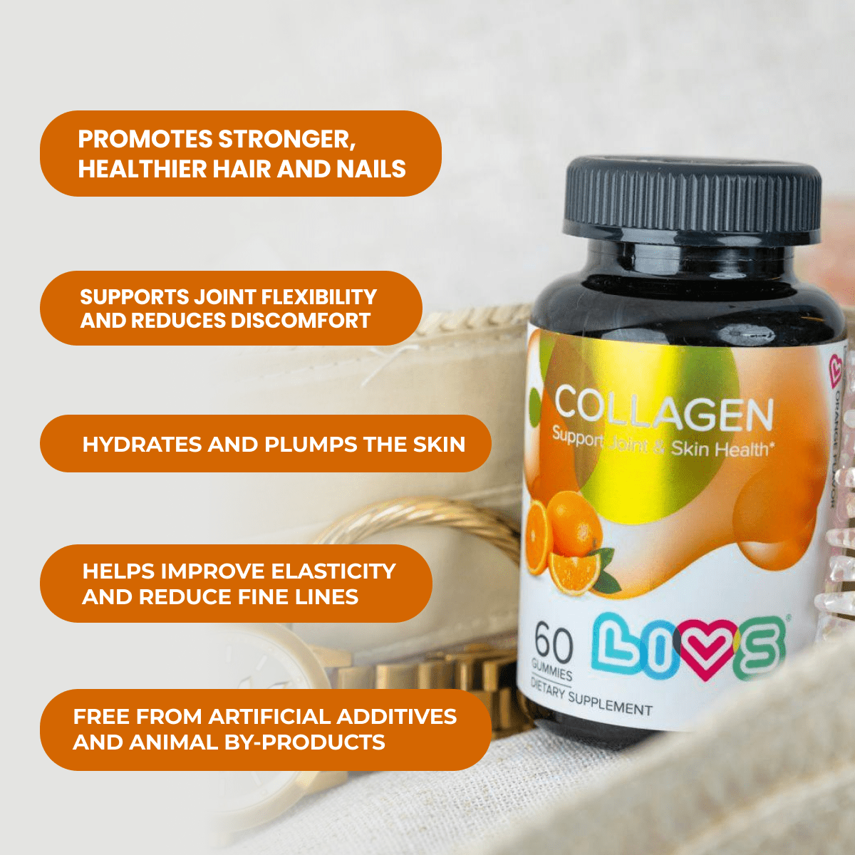 LIVS Marine Collagen Peptides Gummies for Women & Men, Hydrolyzed Supplement for Skin & Joints, Natural Orange Flavor, 120 Count with 60 Servings