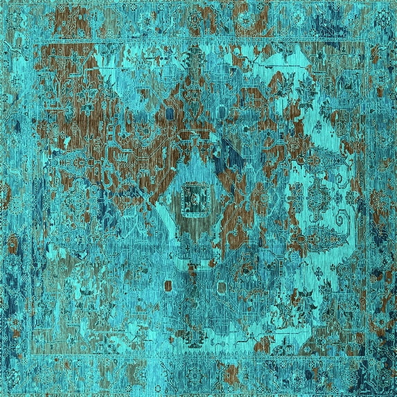 Ahgly Company Indoor Square Oriental Turquoise Blue Industrial Area Rugs, 3' Square