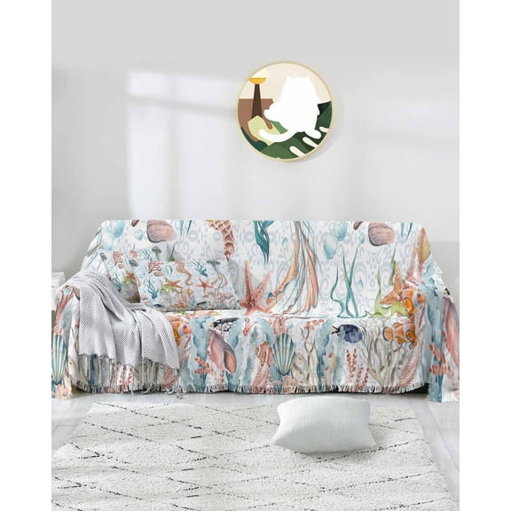 Coastal Sofa Covers for 3 Cushion Couch,Washable Sectional & L Shape Couch Covers for Dog/Cat,Jellyfish Seahorse Shells Corals Starfish Seaweed Watercolor Non Slip Sofa Slipcover Futon Cover 71x150