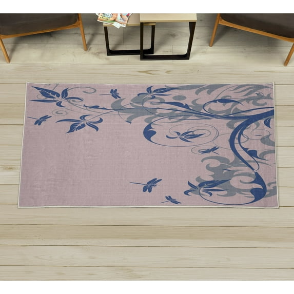 Dragonfly Decorative Rug, Swirled Floral Background Damask Curl Branches and Leaves Print, Quality Carpet for Bedroom Dorm and Living Room, 6 Sizes, Sea Blue, by Ambesonne