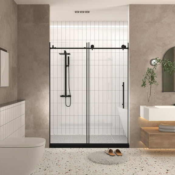 44-48" W x 76" H Frameless Shower Door, 1/4" Tempered Glass, Matte Black