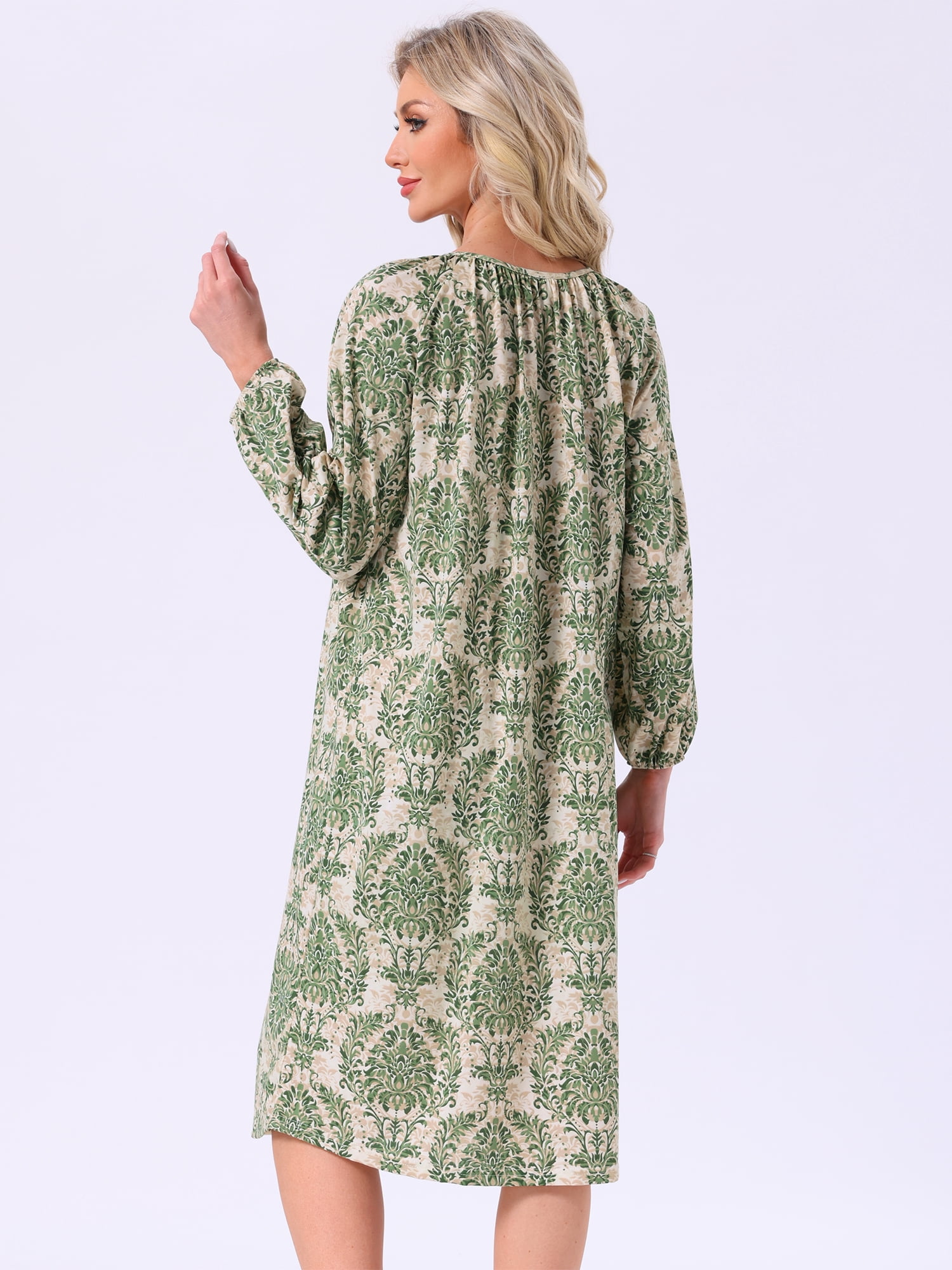 DARING DIVA Women's Long Sleeve Round Neck Nightshirt with Pocket M Green Floral