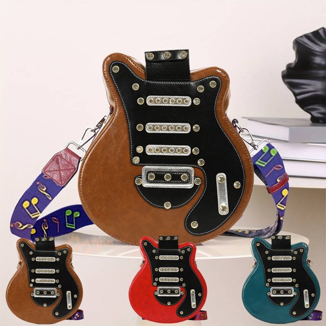 Guitar Shape Backpack Crossbody Shoulder Bag | Rhinestone Rivets | Gradient Strap | PU Leather Sling Daypack | Unique Musical Design | 12.2x11x3.1in | 1 Large Pocket | Red Green Brown