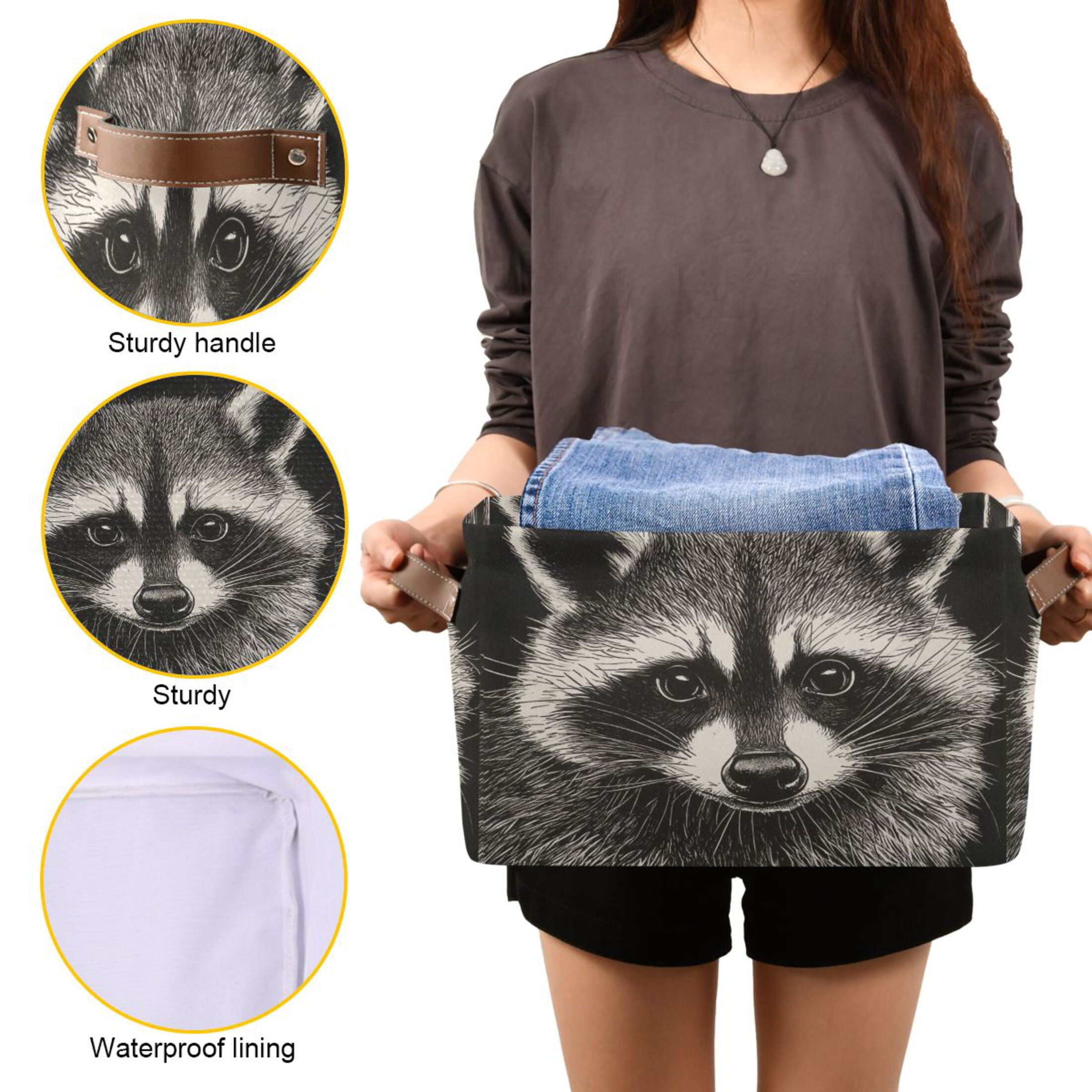 An Adorable Raccoon Foldable Storage Basket,Canvas Fabric Foldable Storage Bins with Handles Open Home Storage Bins Boxes for Toy Book Shelf Closet Baskets