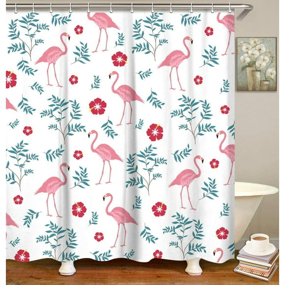 Flamingo Shower Curtain with 12 Hooks, Fern and Flowers Botanical Fabric Bathroom Curtain, Decorative Plant Bath Curtain White Machine Washable, 72 x 72 Inches