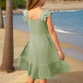 thumbnail image 6 of Inglocry Girls Summer Dresses Cute Double Layer Ruffle Sleeve Solid Color Smocked Flowy Dress 6-15 Years Green 9-10Y, 6 of 6