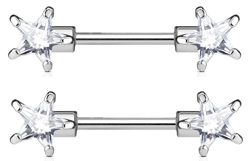 Nipple Ring Bars Surgical Steel Nipple Bar Double Front Facing Star CZ