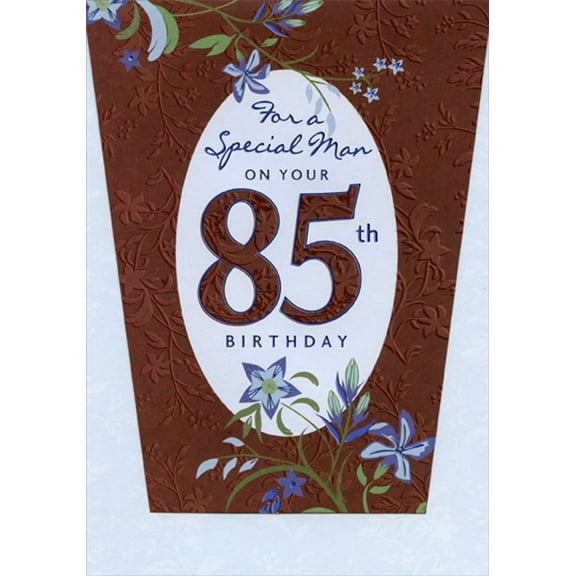 Designer Greetings Blue Flowers on Brown Die Cut Top Fold Age 85 / 85th Birthday Card for Him