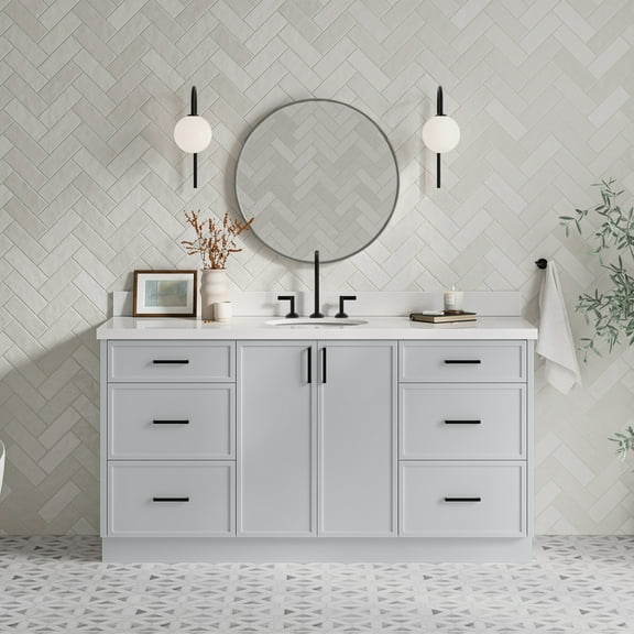 Ariel Kelly 67 Inch Single Oval Sink Bathroom Vanity With Pure White Quartz Countertop 1.5 Inch Edge In Grey