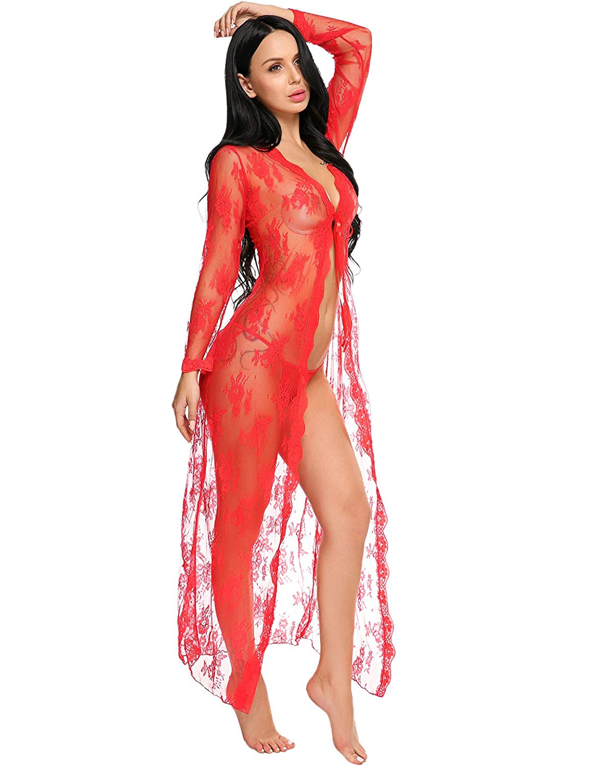 Women Sexy Long Lace Dress Sheer Gown 