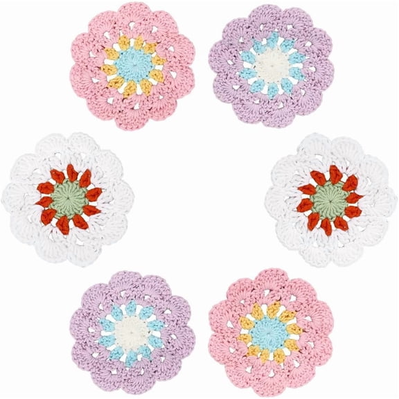 6Pcs 3 Colors Crochet Flower Coasters Pad 4.5 Inch Round Wool Handmade Decorative Flower Cup Mats Plant Pot Coaster Placemats for Drinks Coffee Table Desk Mugs Cups Home Kitchen Party diy