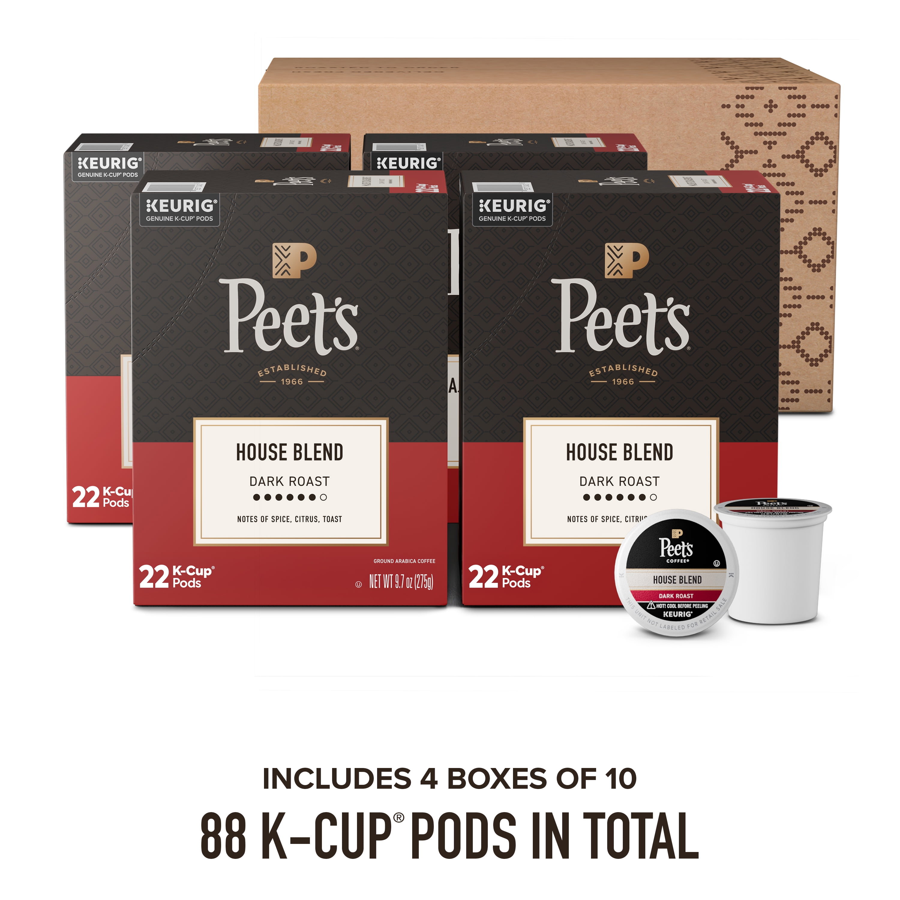 (4 pack) Peet's Coffee House Blend Premium Dark Roast Keurig K-Cup Coffee Pods, 22 Count (4 Pack)