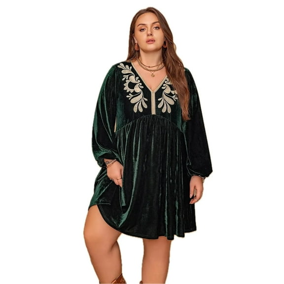 Women's Plus Size Embroidered V Neck Long Sleeve Dress With Sheer Overlay And Stretch Fabric 95% Polyester 5% Elastane