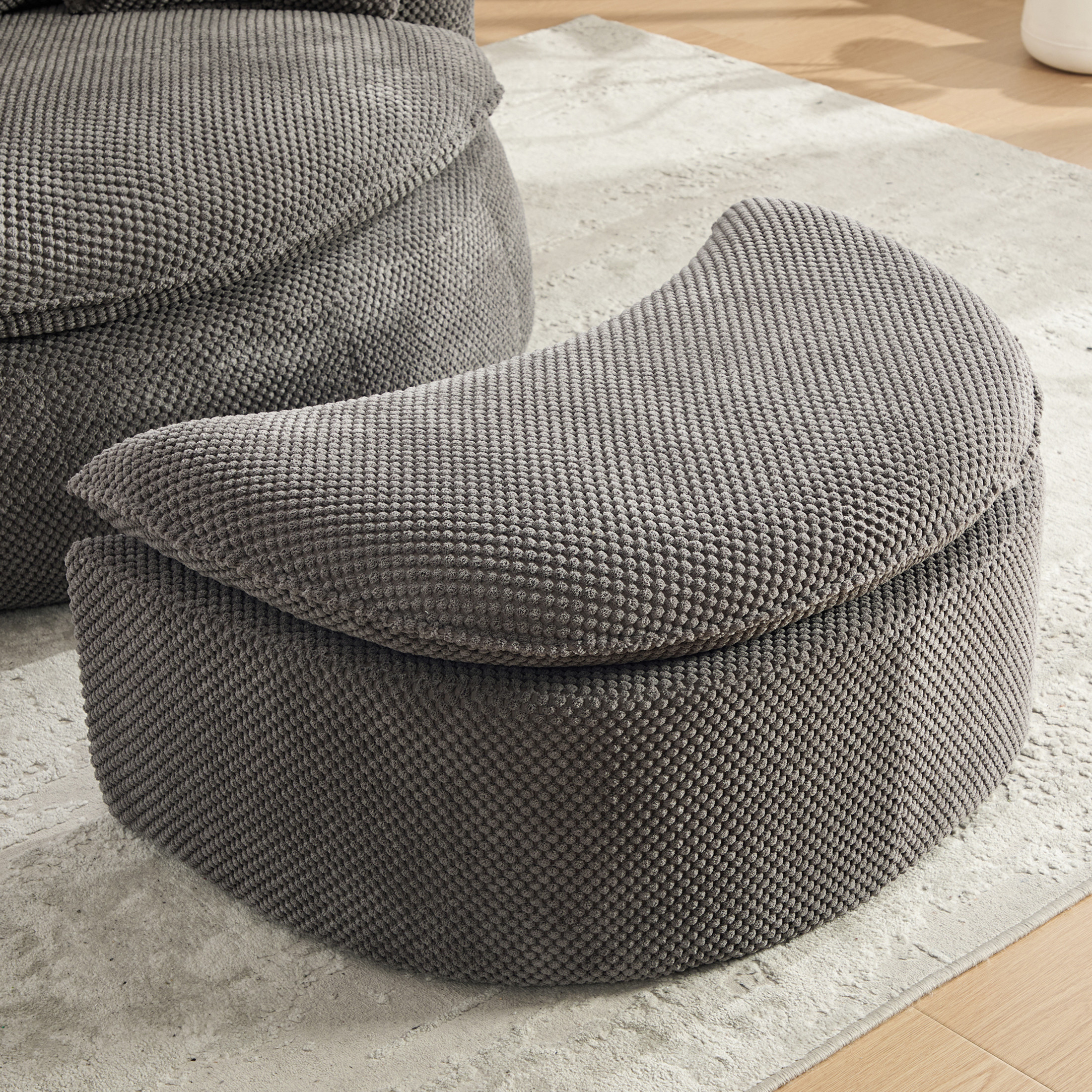 GDF Studio 34.45-Inch Moon-Shaped Footstool Ottoman with Pineapple Lattice Fabric, Gray