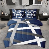 Homewish Abstract Stripes Lines 7 Pieces Bedding Comforter Set,Minimalist Geometric Full Bedding Set,Deepblue Gray White Fitted Sheet Flat Sheet For Boys Teens,Ultra Soft Home Decor Reversible