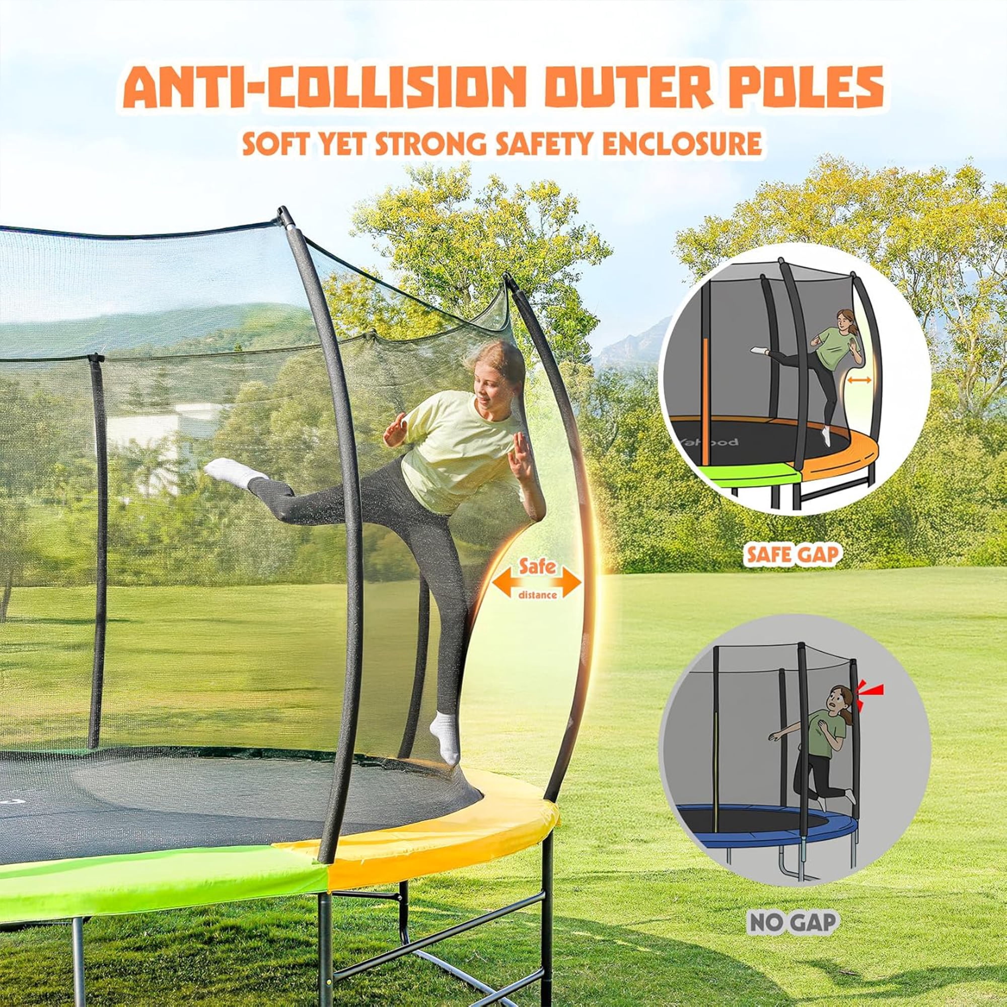 Toremore 12FT Trampoline Outdoor , Recreational Trampolines with Enclosure Net and Ladder, with Additional 8 Stabilizer Bars and Anti-Rust Coated Galvanized Frame