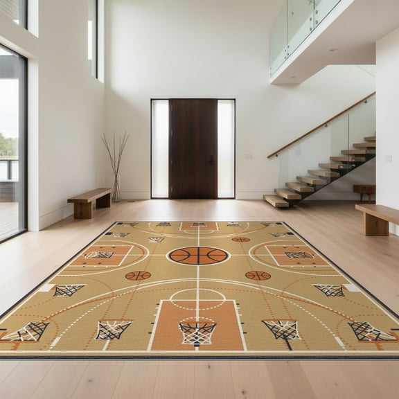 Design&I 8'x10' Washable Area Rug Snag-Free Repeating Hoop Motif Markings Bold Stripe Border Center Basketball Flowing for Dining Room, Large Office, Lounge